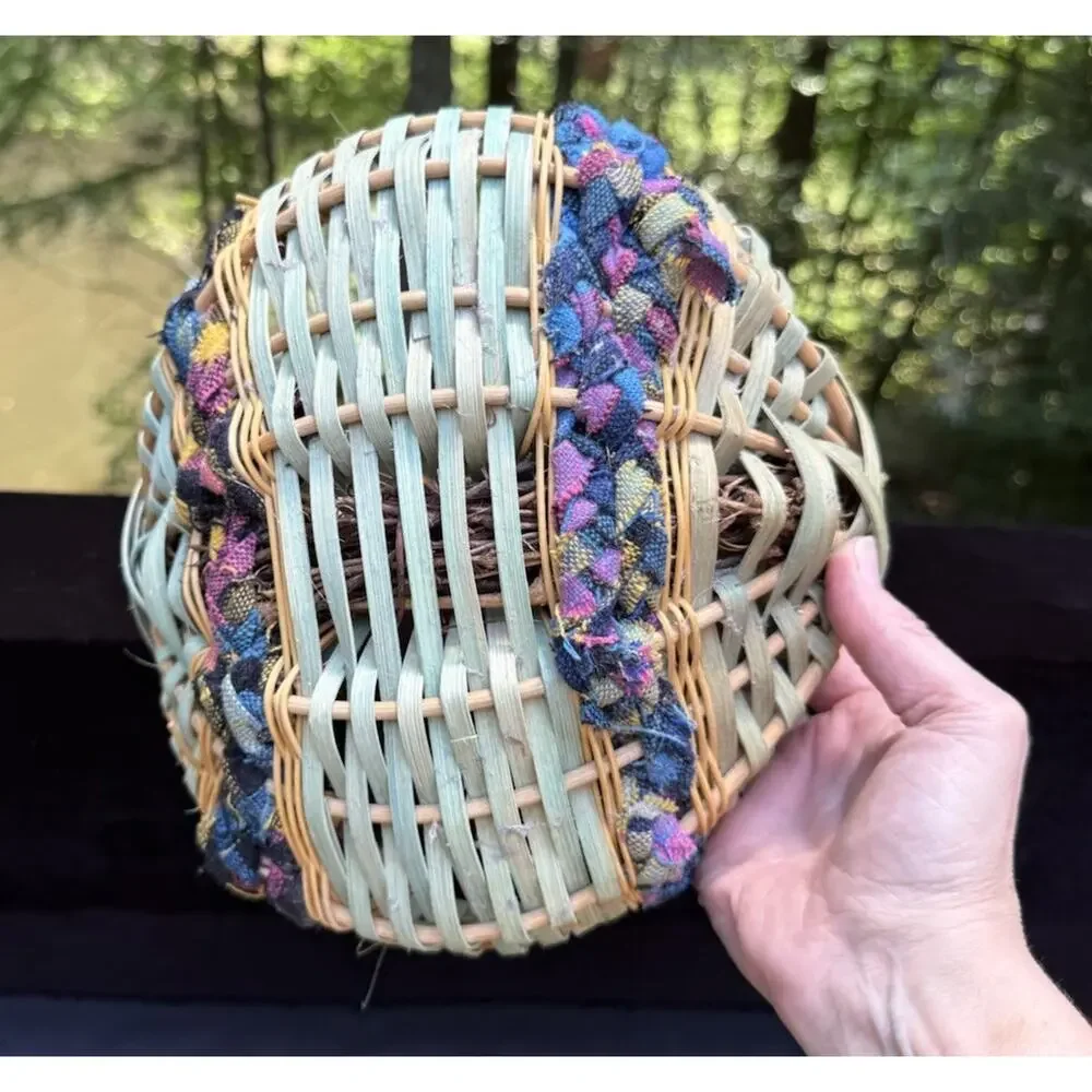 Vintage Woven African Egg Basket Super Colorful With Rag Bead Accents